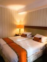 moderno hotel quarto interior Visão com dois solteiro cama foto