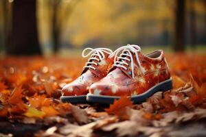 ai gerado chuteiras em outono bordo folhas - conceito do outono outono temporada, outono moda, na moda hipster estilo de vida foto