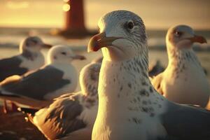 ai gerado a gaivotas estão dentro frente do uma farol, foto