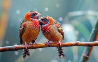 ai gerado suave vegetação serenata, dois tentilhões com vermelho máscaras foto