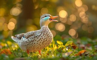 ai gerado uma detalhado instantâneo do uma Pato de quem cabeça brilha verde foto