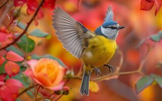 ai gerado uma azul tit pássaro, vibrante e gracioso, tece entre rosas do uma pêssego matiz foto