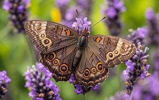 ai gerado lavanda flores servir Como em repouso local para borboleta adornado com elaborar olho padrões foto