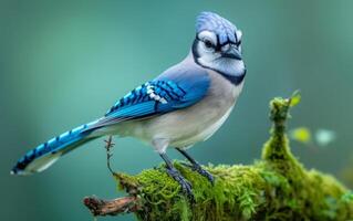 ai gerado azul Jay em repouso em exuberante musgo foto