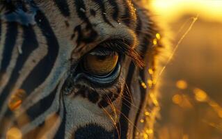 ai gerado uma zebra olho dentro detalhe, espelhamento a brilho do pôr do sol foto