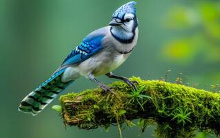 ai gerado azul Jay estacionado em florescente musgo foto