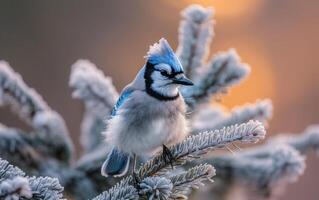 ai gerado uma azul Jay babados Está penas no topo uma geada carregado pinho ramo foto