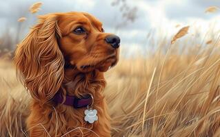 ai gerado castanha spaniel desfrutando a brilho do sol dentro uma campo foto