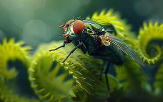 ai gerado uma mosca resolve em a espiralando frond do uma vibrante verde samambaia foto