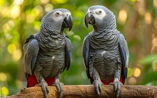 ai gerado gêmeo africano cinzento papagaios dentro a selvagem, em repouso em uma membro foto