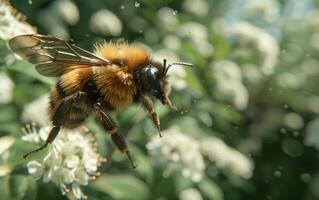 ai gerado meio voo, uma abelha demora perto uma encontro do concurso branco flores foto