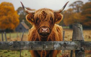 ai gerado uma grande terras altas vaca com lustroso cabelo Visualizações com maravilha foto