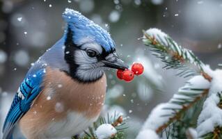 ai gerado uma azul Jay entre bagas durante inverno foto