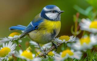 ai gerado empoleirado azul tit cercado de branco margaridas foto