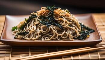 ai gerado soba Macarrão com seco algas marinhas foto