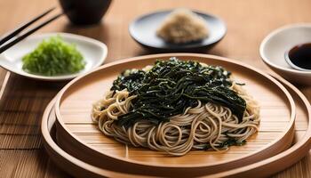 ai gerado soba Macarrão com seco algas marinhas foto