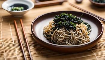 ai gerado soba Macarrão com seco algas marinhas foto