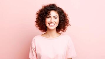 ai gerado sorridente jovem mulher com encaracolado Castanho cabelo vestindo uma Rosa camisa contra uma Rosa fundo foto