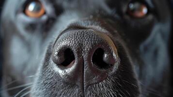 ai gerado fechar-se do uma fofa cachorros Preto molhado nariz com gotas do água, adorável animal detalhe dentro Alto resolução foto