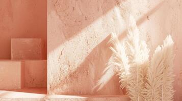ai gerado composição do luz e sombra, apresentando branco pampas Relva contra uma texturizado Rosa muro. foto