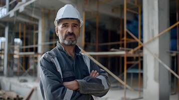 ai gerado uma homem, uma trabalhador, uma construtor de profissão, dentro uma uniforme e uma capacete. ai gerado foto