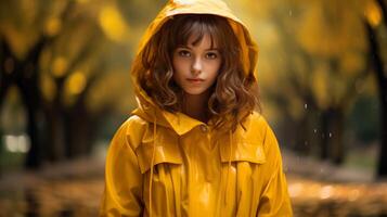 ai gerado retrato do uma lindo jovem fêmea aluna dentro uma amarelo capa de chuva. uma menina dentro uma amarelo capa de chuva dentro a chuva em a outono dia. foto