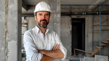 ai gerado uma homem, uma trabalhador, uma construtor de profissão, dentro uma uniforme e uma capacete. ai gerado foto