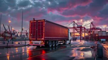 ai gerado caminhão reboque em a cais dentro a carga porta terminal com guindastes e containers. ai gerado foto