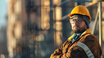 ai gerado uma homem, uma trabalhador, uma construtor de profissão, dentro uma uniforme e uma capacete. ai gerado foto