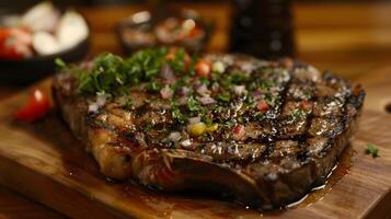 ai gerado fresco suculento delicioso carne bife em uma Sombrio fundo. ai gerado foto