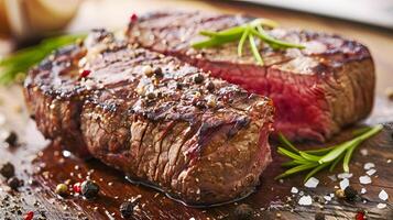 ai gerado fresco suculento delicioso carne bife em uma Sombrio fundo. ai gerado foto