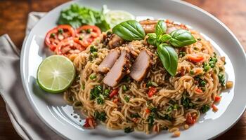 ai gerado manjericão frito arroz com carne de porco , tailandês Comida foto