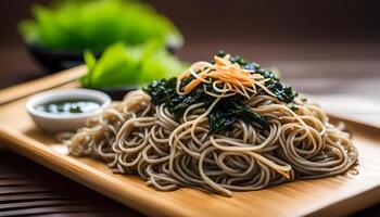 ai gerado soba Macarrão com seco algas marinhas foto