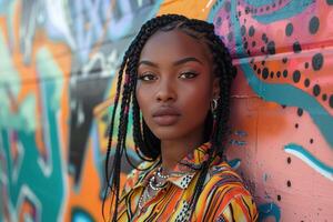 ai gerado uma jovem lindo africano americano mulher com afro tranças carrinhos calmamente contra a fundo do uma colorida pintado parede foto