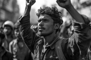 ai gerado Preto e branco retro imagem do uma jovem sério trabalhador levantando dele mãos dentro protesto às uma dos trabalhadores direitos comício foto