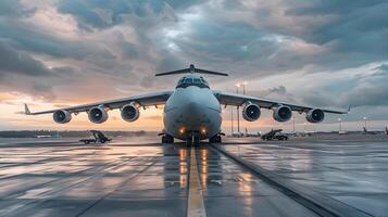 ai gerado uma carga avião às a aeroporto docas cargas ou descarrega carga. ai gerado foto