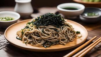 ai gerado soba Macarrão com seco algas marinhas foto