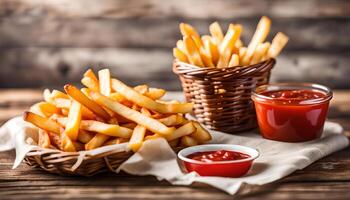 ai gerado francês fritas dentro cesta e ketchup em de madeira mesa foto