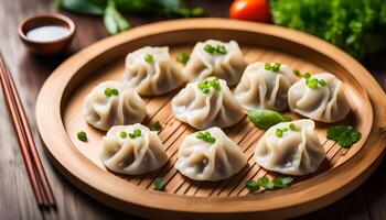 ai gerado cozido no vapor dumplings em de madeira prato foto