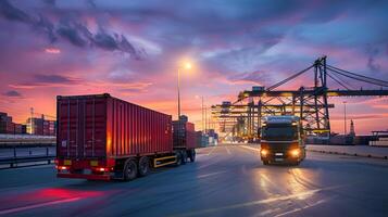 ai gerado caminhão reboque em a cais dentro a carga porta terminal com guindastes e containers. ai gerado foto