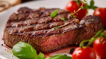 ai gerado fresco suculento delicioso carne bife em uma Sombrio fundo. ai gerado foto