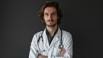 ai gerado retrato do uma masculino médico trabalhador com uma estetoscópio. ai gerado foto