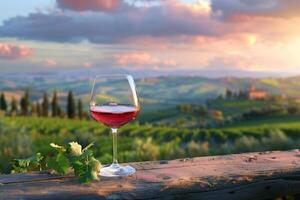 ai gerado chianti vinho vidro com uma toscana Vinhedo panorama às pôr do sol foto