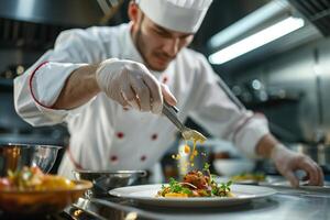 ai gerado profissional chefe de cozinha acabamento uma gourmet prato com molho, ideal para culinária artes e gastronomia promoção foto