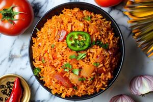 ai gerado aromático maliano jollof arroz servido dentro uma tradicional argila Panela foto