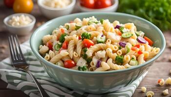 ai gerado Macarrão salada com cotovelo massa e legumes dentro tigela foto