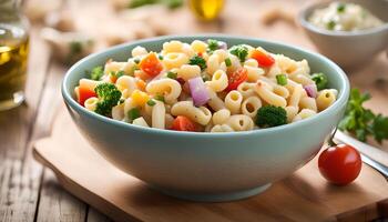 ai gerado Macarrão salada com cotovelo massa e legumes dentro tigela foto