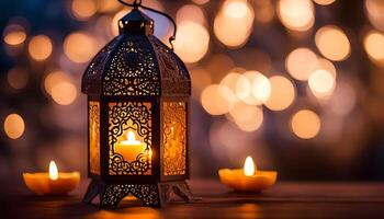ai gerado ornamental árabe lanterna com queimando vela brilhando às noite. foto