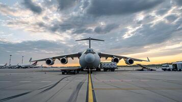 ai gerado uma carga avião às a aeroporto docas cargas ou descarrega carga. ai gerado foto