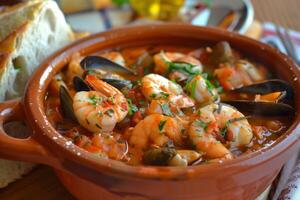 ai gerado zarzuela de mariscos suntuoso frutos do mar ensopado a partir de Espanha servido dentro tradicional louça de barro foto